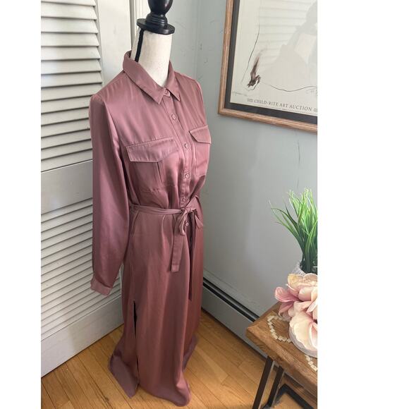 LACADEMIE Womens Shirt Dress Mauve Satin Maxi Belted Quiet Luxury Minimalist S - Picture 4 of 15